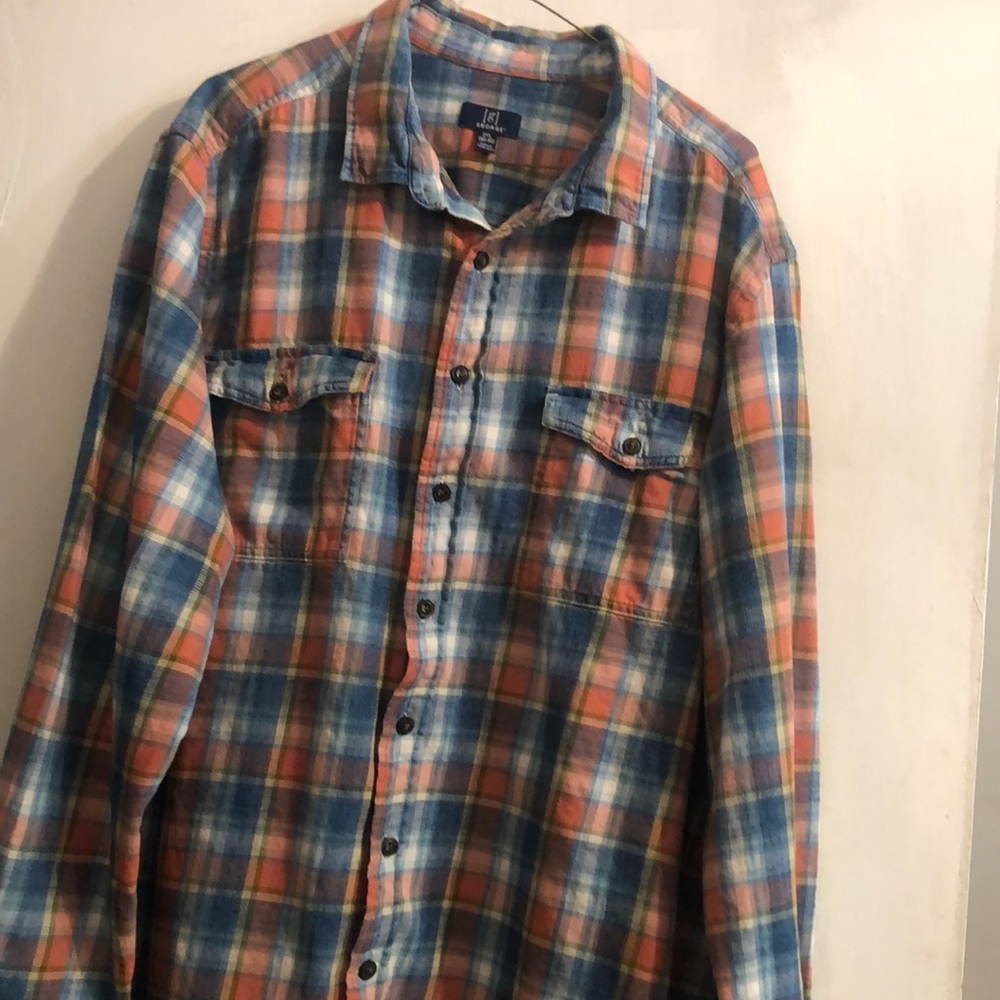 George Orange and Blue Plaid Casual Button-Down Shirt